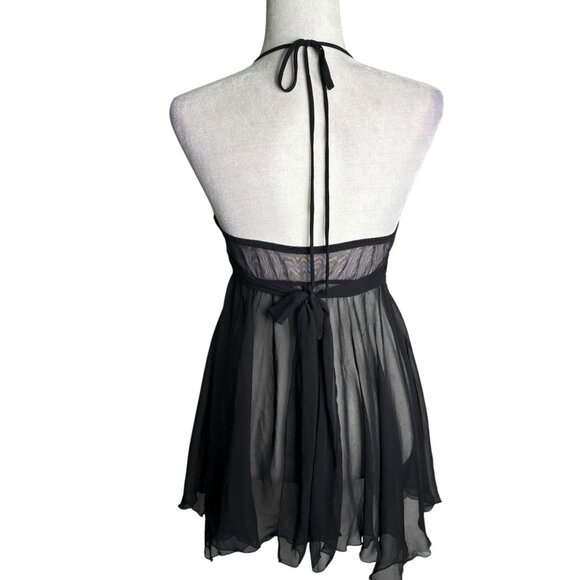 Sheer Black Lace Babydoll Lingerie With Halter Neck Tie Back Shirley M/L - Picture 4 of 7
